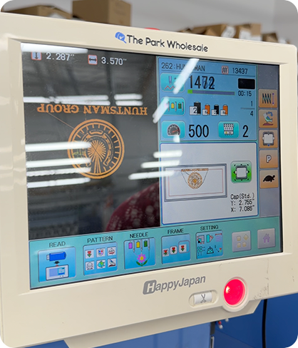 HappyJapan embroidery machine touchscreen displaying stitch settings and logo production details.