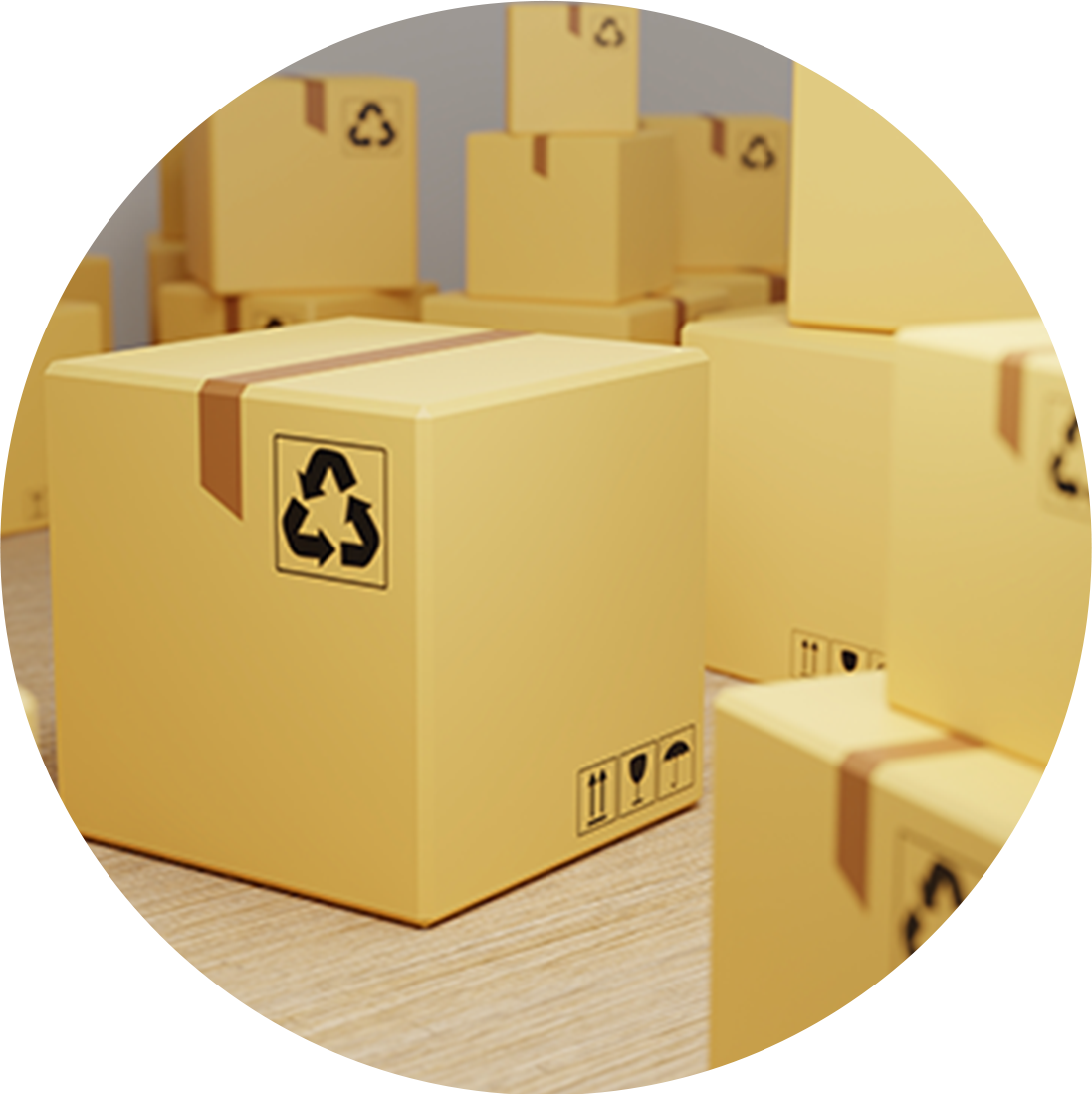 Recyclable cardboard packaging boxes stacked for shipping, storage, and sustainable supply chain operations.