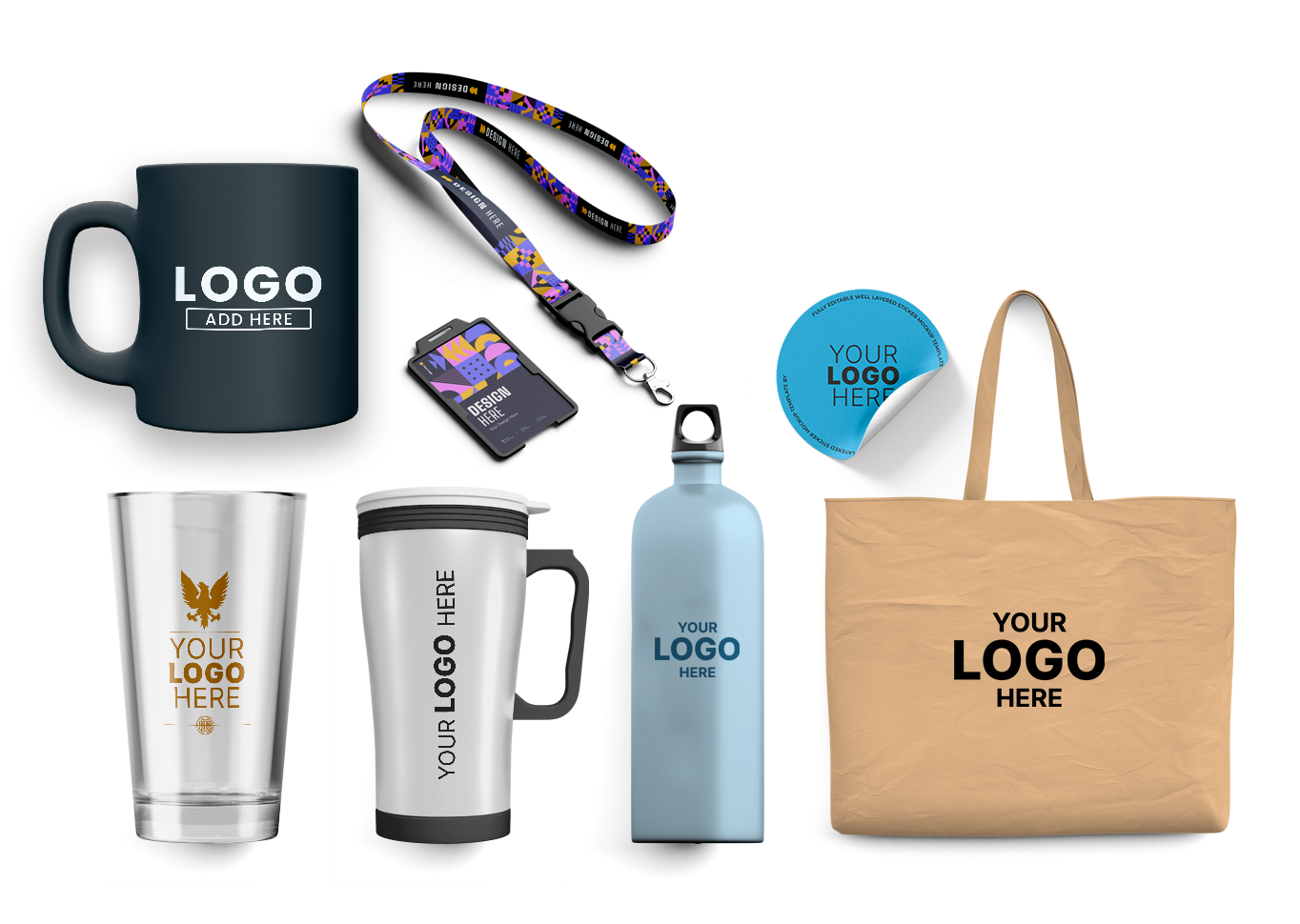 Branded promotional products including mugs, tumblers, lanyards, bottles, badges, and tote bags with custom logos.