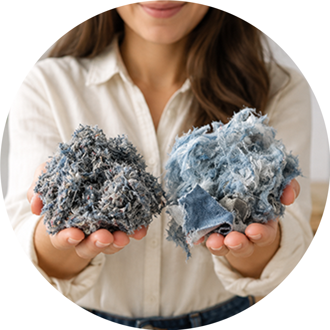 Person holding recycled textile fibers made from fabric waste, promoting sustainable and circular fashion.