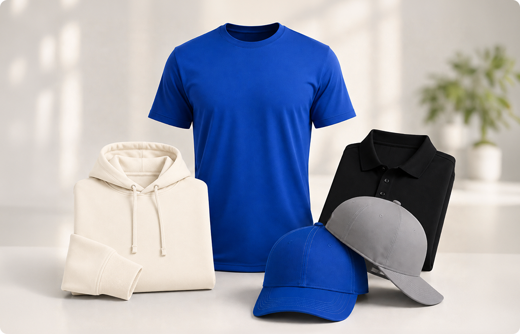 Custom apparel collection featuring t-shirts, polo shirts, hoodies, and caps for branding and team uniforms.
