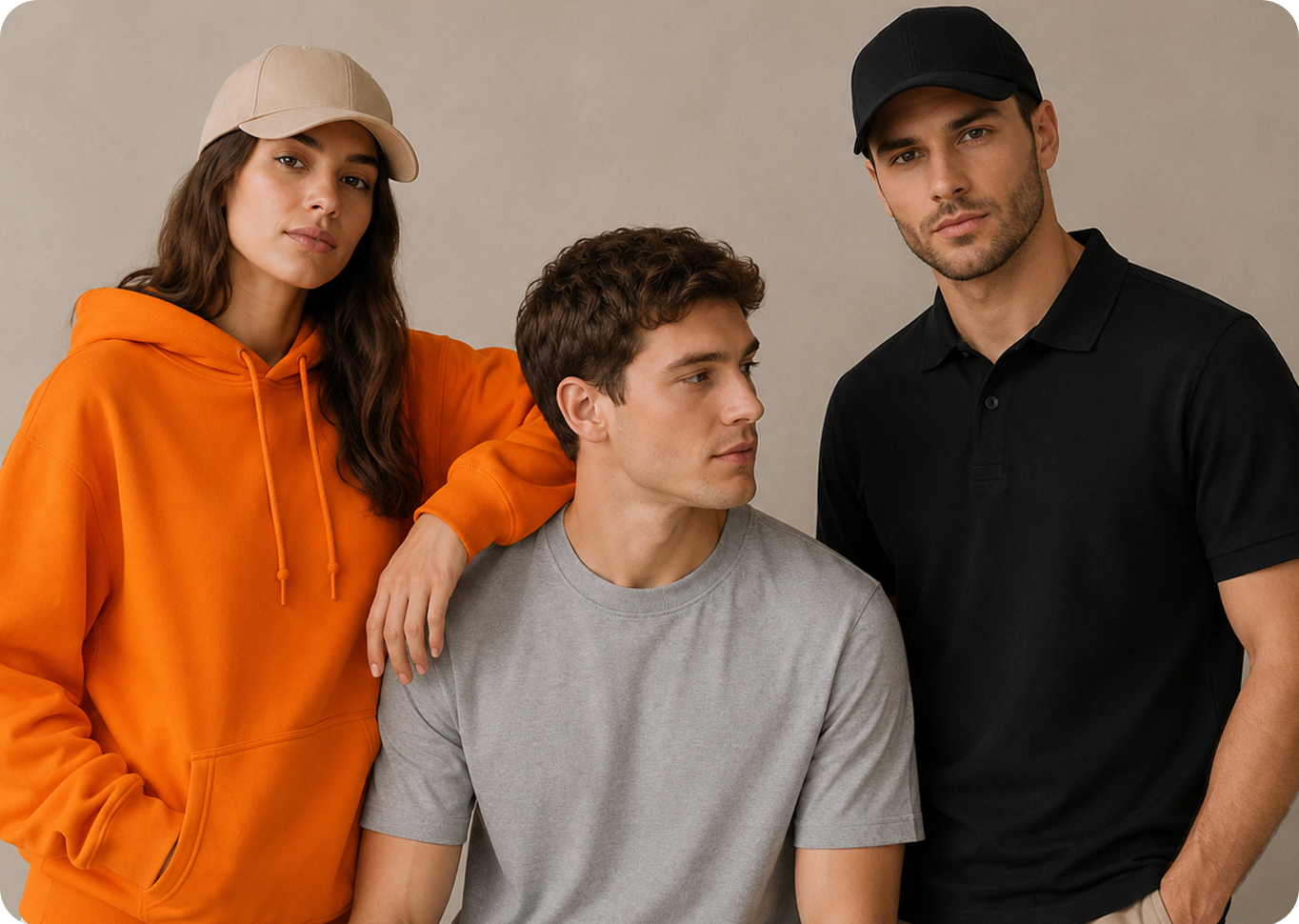 Models wearing custom apparel including hoodies, t-shirts, polos, and caps for branding and team uniforms.