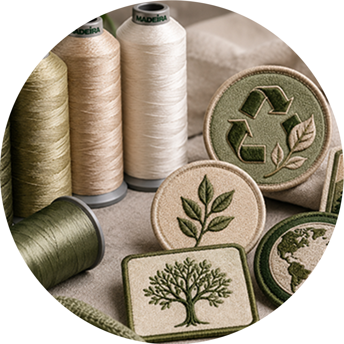 Eco-friendly embroidered patches and thread spools highlighting sustainable materials and recycled branding solutions.