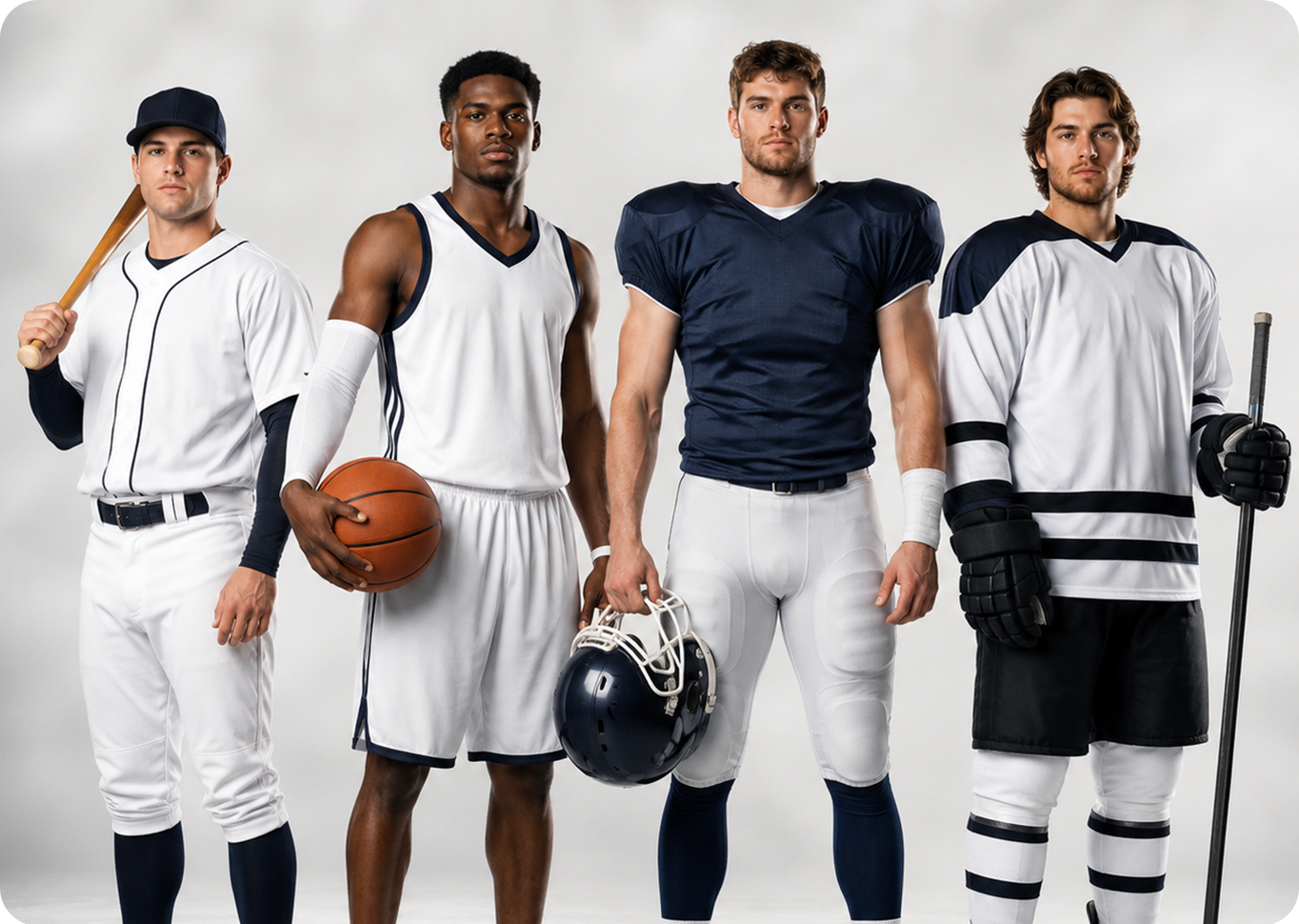 Athletes wearing custom baseball, basketball, football, and hockey uniforms for team branding and performance.