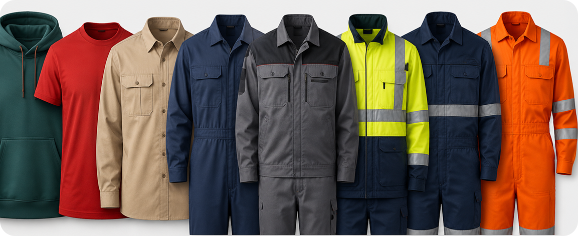 Assortment of custom workwear including hoodies, shirts, coveralls, and high-visibility safety uniforms.