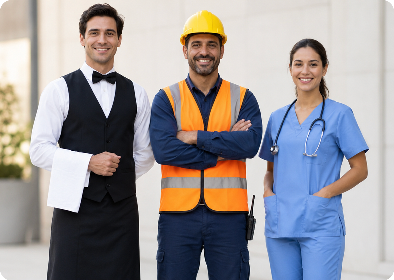 Professionals in hospitality, construction, and healthcare uniforms showcasing custom workwear solutions.